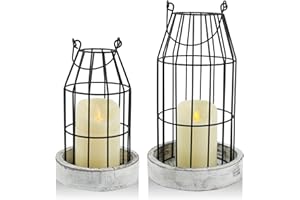 VIVIRENOIR Farmhouse Lanterns - Set of 2 Rustic Home Decor with Flameless Candles, Wire Metal Cloche Decorative Candle Holders for Living Room, Fireplace Mantel, Dining Table (White)