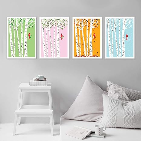 Amazon Co Jp 北欧の季節の変化春夏秋冬ポスターキャンバス絵画ツリー赤い鳥アートプリントオフィス家の装飾x30cmx4フレームレス ホーム キッチン