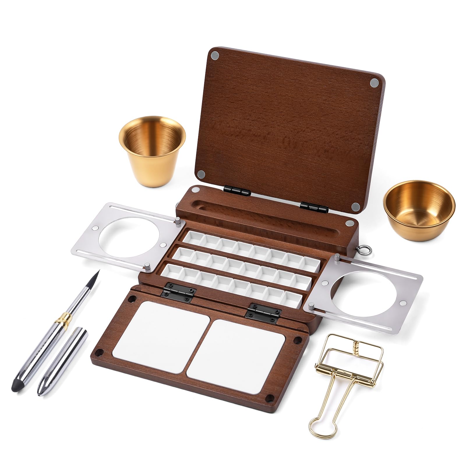 Photo 1 of ***missing cups clips and brushes***24-Grid Empty Travel Watercolor Palette Box, Fuumuui All-in-One Walnut Wood Palette Tray Kit, Mini Portable Sketchbox for Plein Air Painting with Three Ends Travel Brush and Watercolor Cup***missing cups clips and brush