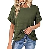 Dokotoo Women’s Short Sleeve Sweaters Oversized Summer Casual Ruffled Hem Knit Pullover Tops Cute Solid Color Crochet Blouses