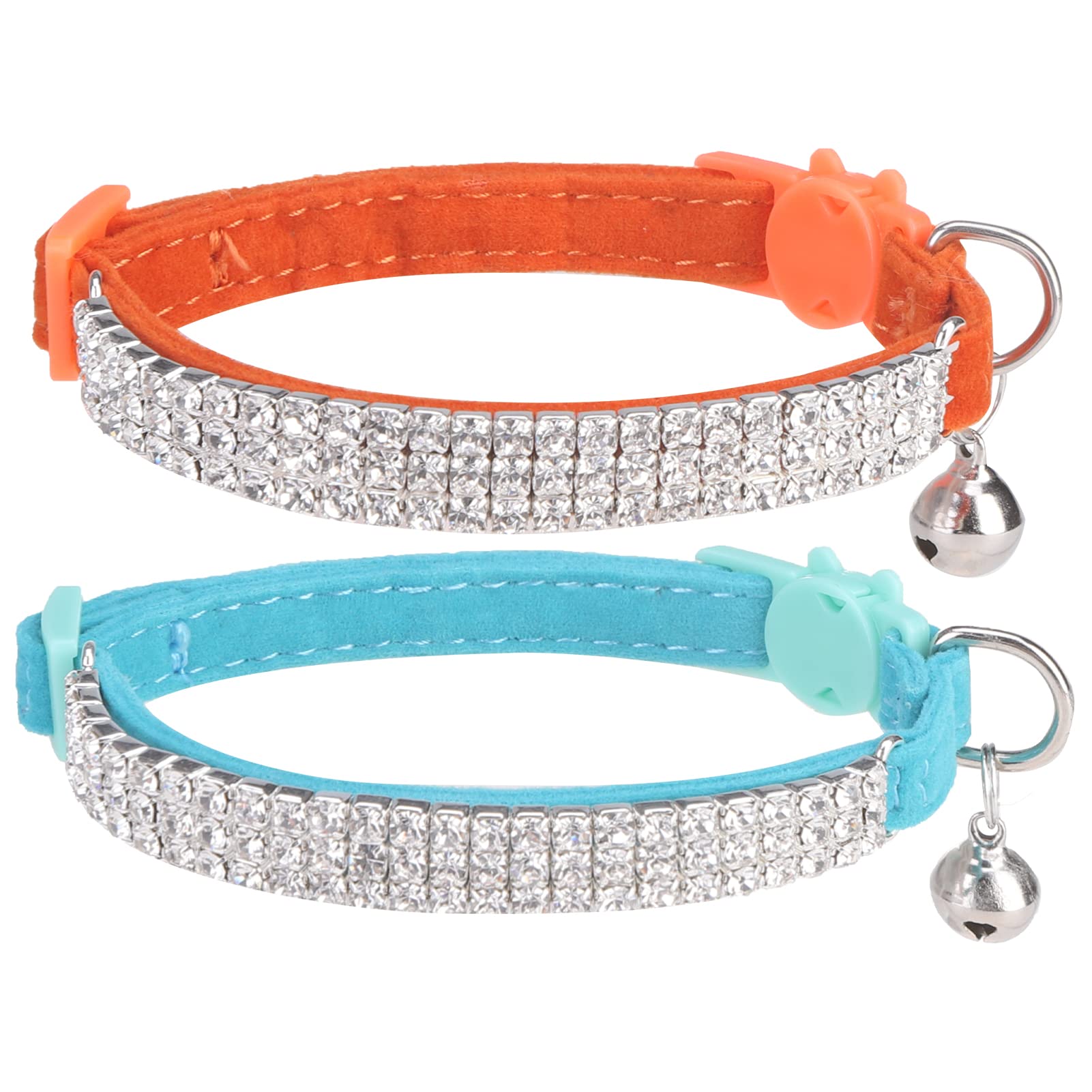 EXPAWLORER Velvet Cat Collar with Bell Quick Release - Sparkling Rhinestones Cute Cat Collars Breakaway Safety Buckle, Adjustable Soft Dazzling Pet Collar for Cats and Puppies, Blue & Orange — image 1