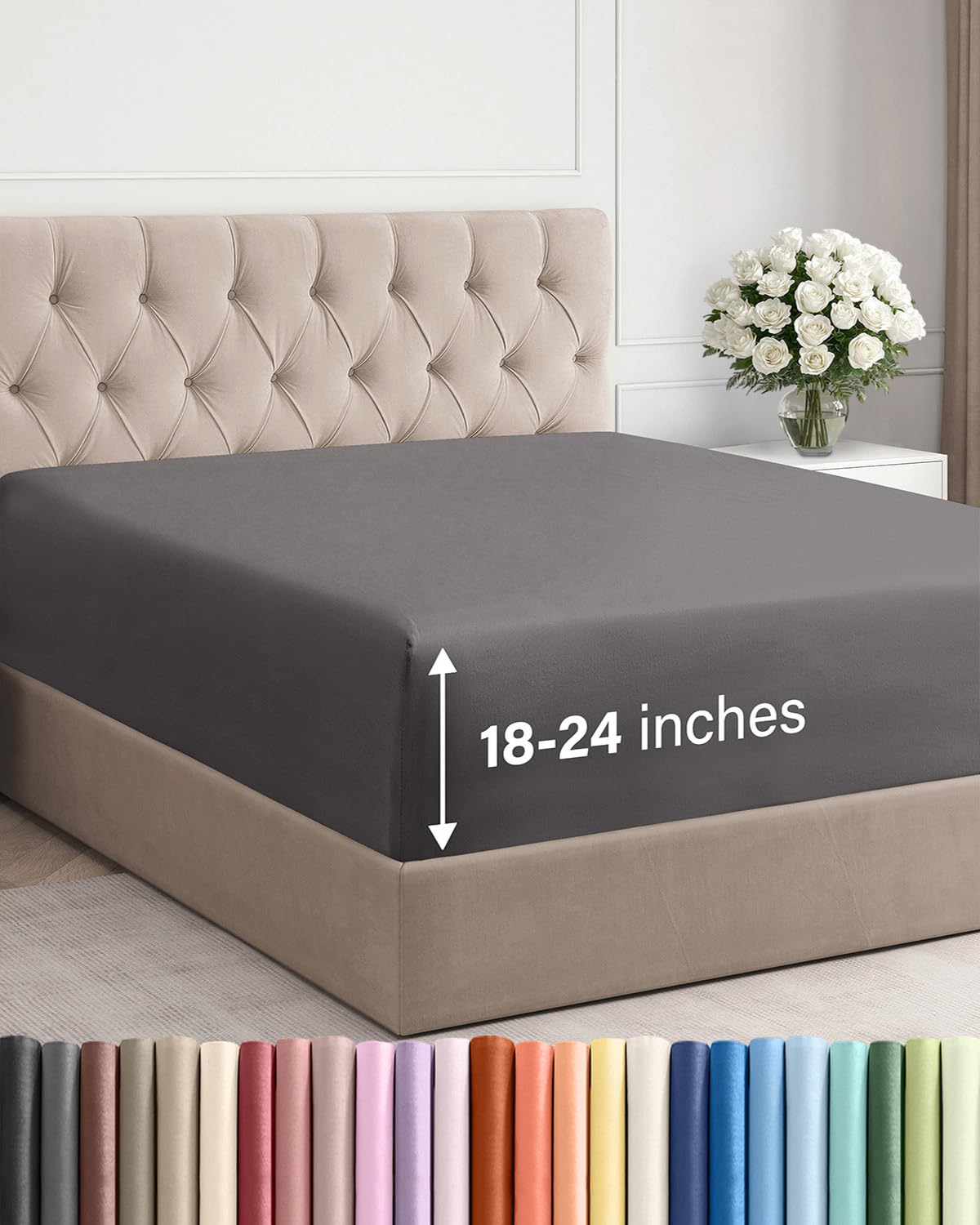 Photo 1 of Extra Deep Queen Fitted Sheet - Hotel Luxury Single Fitted Sheet Only - Easily Fits 18 inch to 24 inch Mattress - Ultra Soft, Wrinkle & Fade Free w/Extra Deep Pockets - Breathable & Comfy - Dark Grey