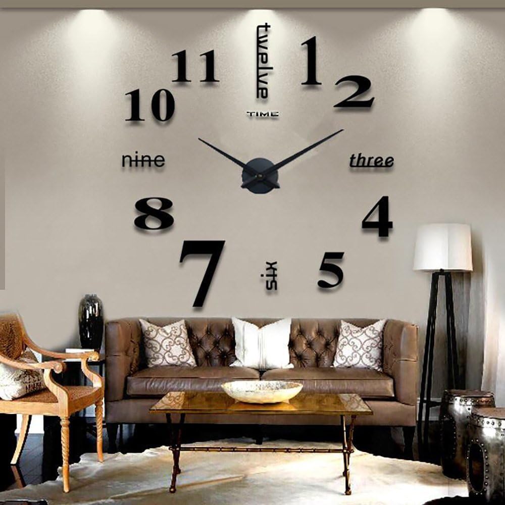 ODETOJOY Black Modern Mute DIY Large Wall Clock 3D Miror Sticker Living Room Decor Home Office Decoration