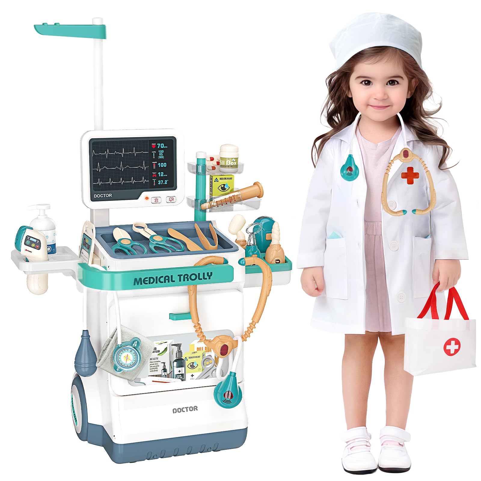 Photo 1 of Jovow Doctor Kit for Kids, Pretend Medical Station Set for Boys & Girls,Pretend Medical Kit Toy, Mobile Cart with Sound and Light Functions, Kids Doctor Kit for Toddlers 3-5 Birthday Gift