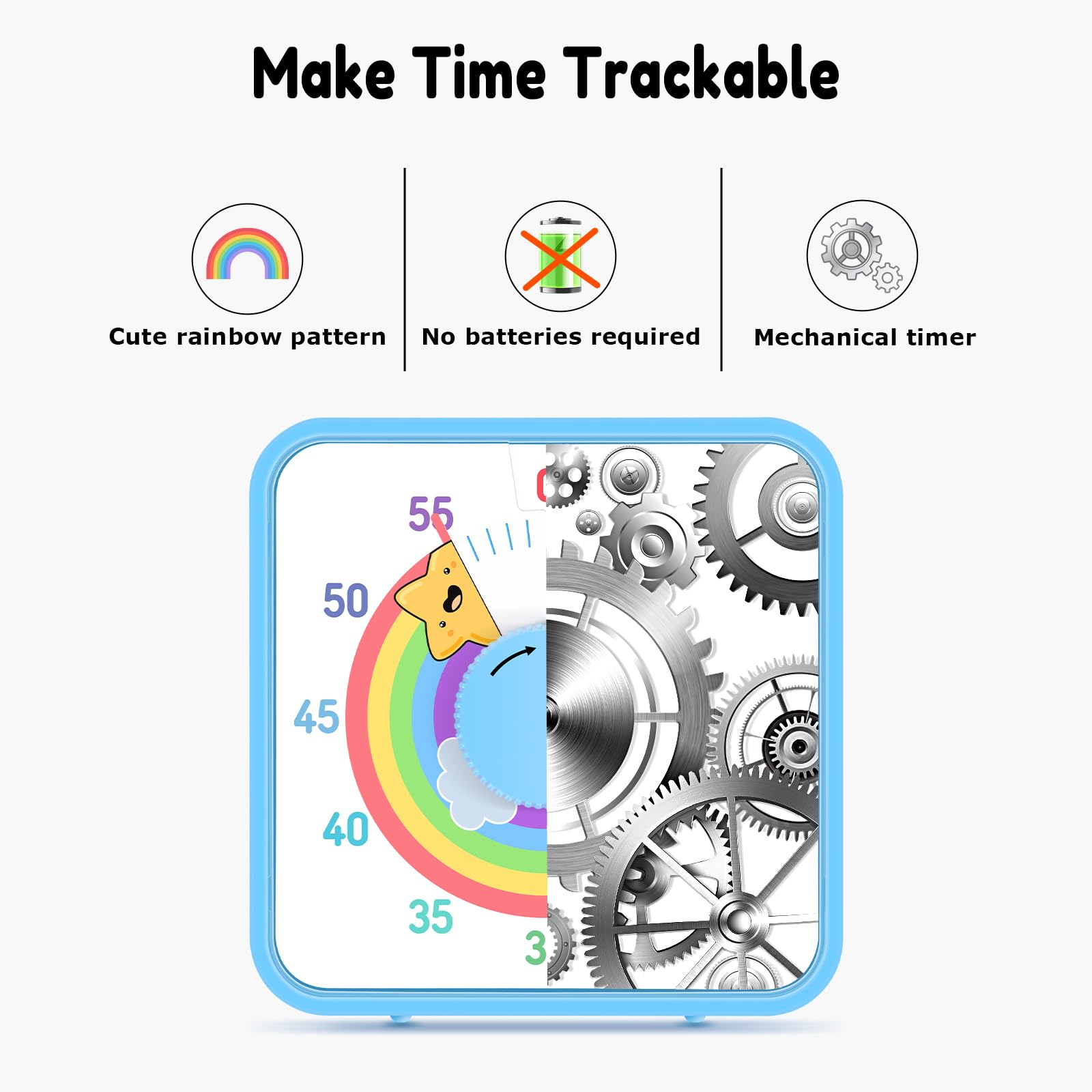 Secura 60-Minute Visual Timer, 7.5 Inch Magnetic Rainbow Countdown Timer for Classroom or Kitchen, Durable Mechanical Timer Clock with Magnetic Backing (Blue & Star)