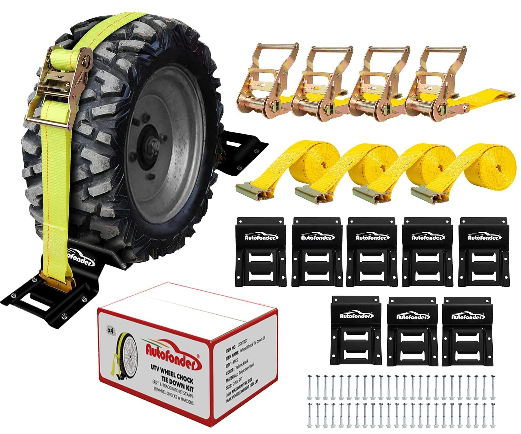 Photo 1 of Autofonder Vehicle Wheel Chock Tie Down kit 4500lb Break Strength-4 Pack 2" x9' E Track Straps-Ultimate Heavy Duty Trailer Tire Strap System for ATV,UTV,Lawn Mower