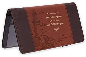 Christian Art Gifts Premium Vegan Leather Scripture Checkbook Cover for Men & Women: I Will Carry You Bible Verse, Debossed Scenic Lighthouse, Duplicate Checks, ID Card Slots, Pen Loop, Brown & Gold