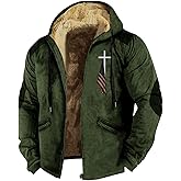 American Flag Fleece Lined Hoodies for Men Zip Up Cross Graphic Winter Hooded Coat Trendy Thick Warm Jacket With