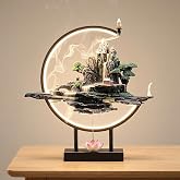 TXYXT Backflow Incense Waterfall Fountain Burner with Adjustable LED Light Ring,Resin Rockery Landscape Ornament insence-Stick Holder,Compatible with Cone and Stick Incense (Grayish Green)