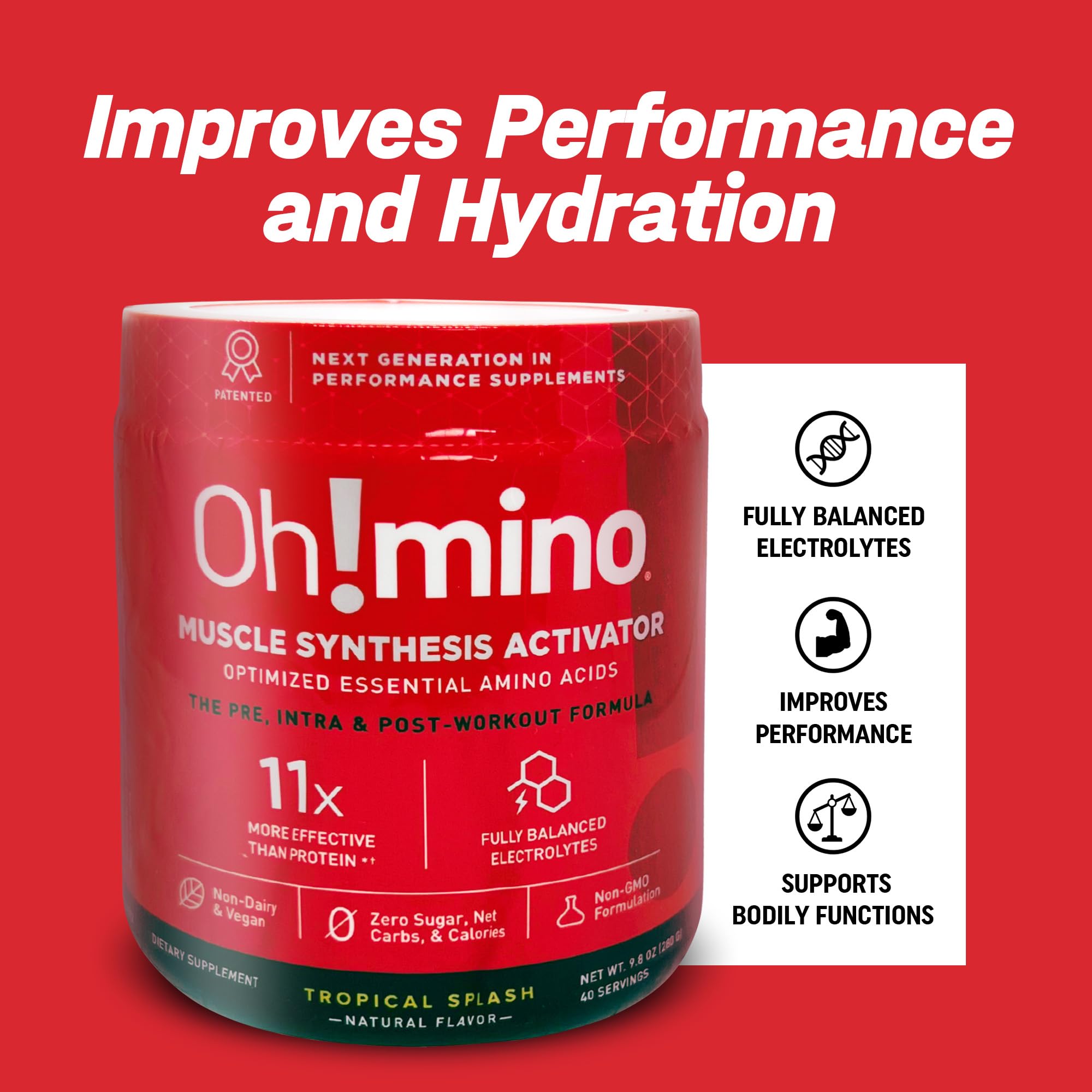 Oh!mino Essential Amino Acids Supplement. Tropical Splash, Cafeeinated Powder. All 9 EAAs, BCAAs and The Perfect Amino for Workouts, Amino Energy, and to Build Muscle, and Recover Faster.