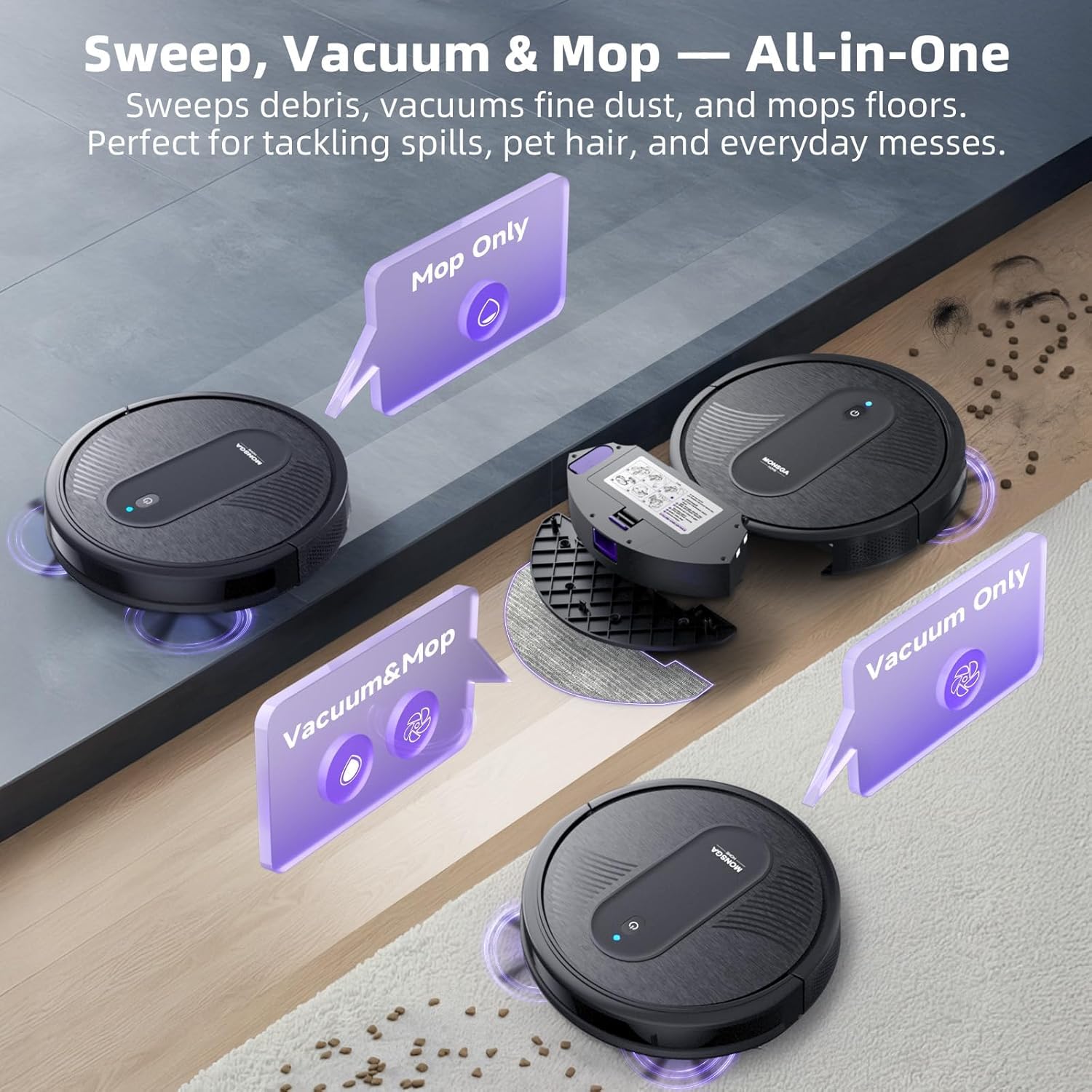 MONSGA Robot Vacuums and mop, Powerful Suction Robotic Vacuum, 140Min Runtime, Vacuum Robot for Hard Floor, Low Pile Carpet, Pet Hair, Remote/App/Voice Control, Schedule Clean (Black)