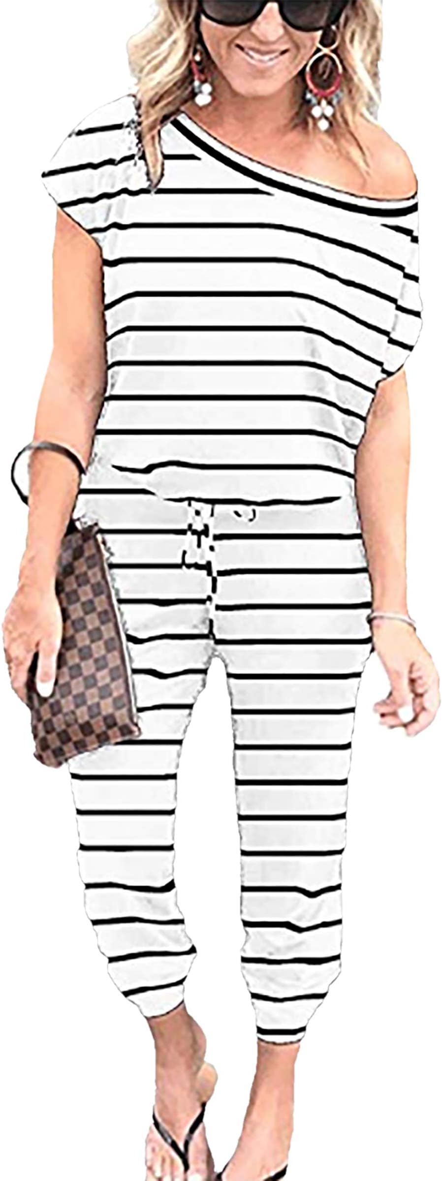 Women's Jumpsuits - Crewneck One Off Shoulder Short Sleeve Elastic Waist Romper Playsuits