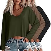 Huukeay 3 Pack Women's Long Sleeve Cropped Shirts V Neck Irregular Hem Oversized Tops Loose Casual Outfit Tees Fall Clothes