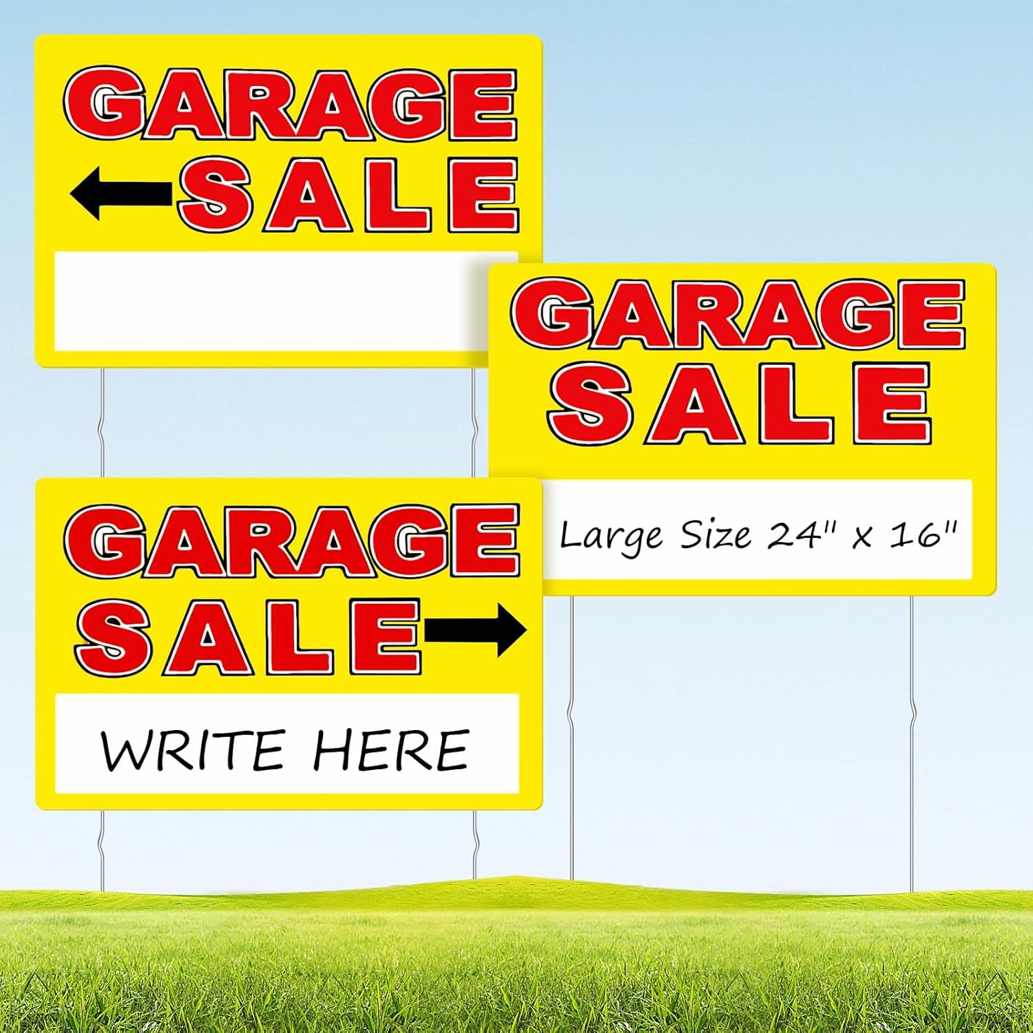 Photo 1 of Garage Sale Sign, Large Size 24" x 16" Garage Sale Signs with Stakes, 3PCS Double-Sided Large for Sale Sign with Directional Arrow, Corrugated Plastic Weatherproof Suitable for Yard Sale