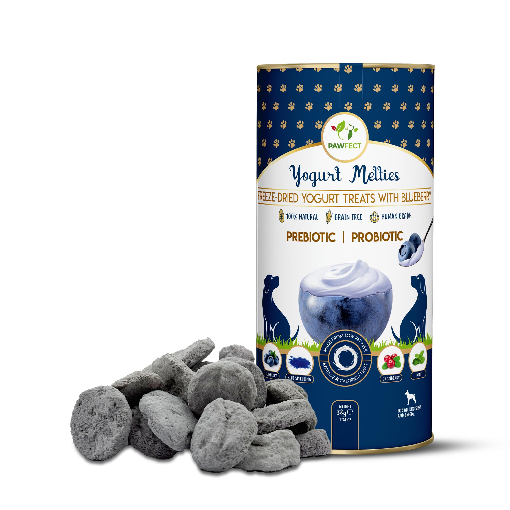 Pawfect Yogurt Melties Pre and Probiotic Dog Treats with Blueberry, Cranberry, Blue Spirulina & Mint - Healthy Gut - Low Calorie Dog Treats - Grain & Gluten Free - Training Treats (38g/1.34oz)