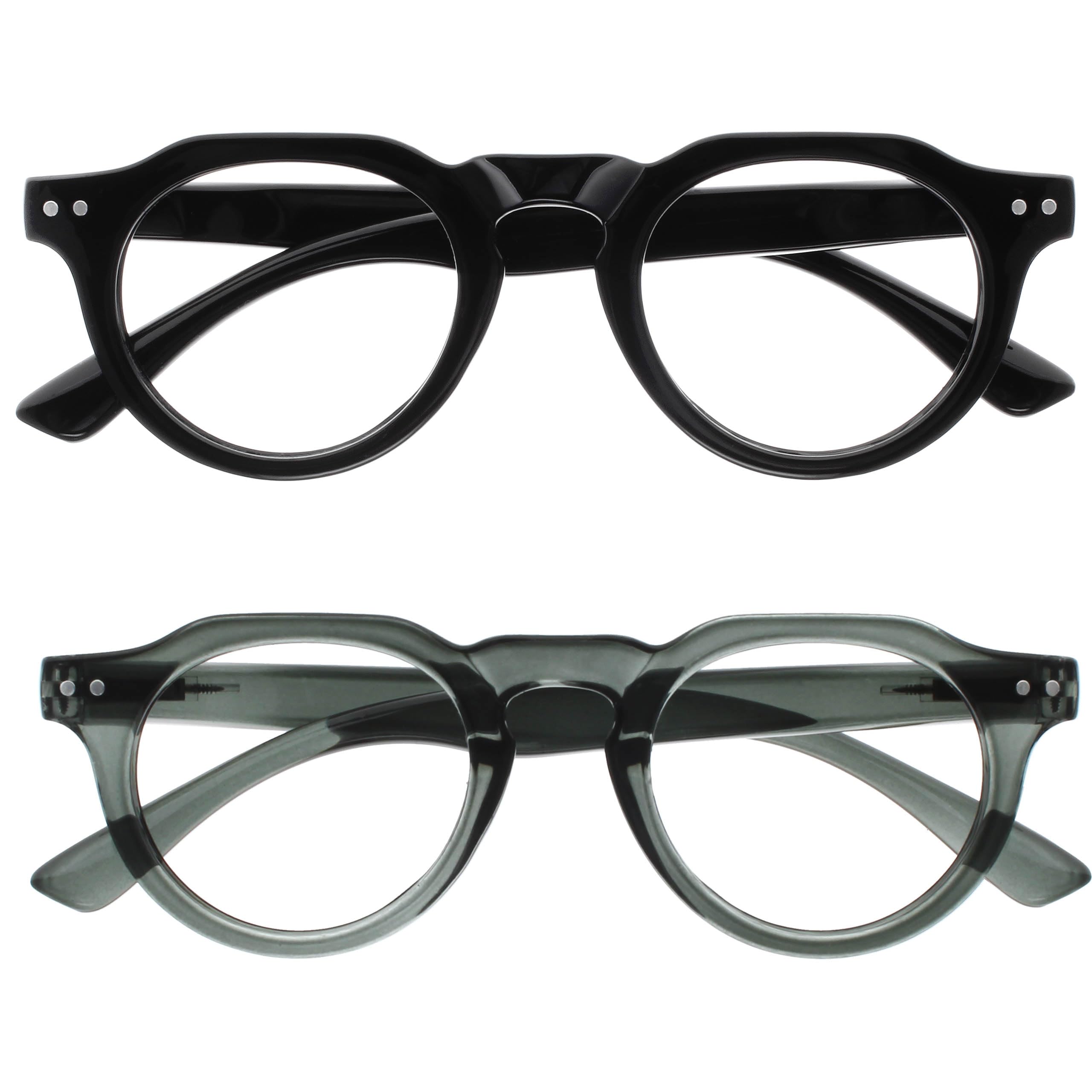 OPULIZE RIO Blue Light Blocking Reading Glasses - 2-Pack - Flat Top Frame - Black, Grey - Mens Womens - Spring Hinges - BB53-17 - +2.00