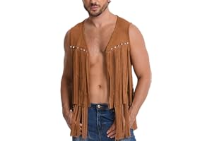 FEOYA Men’s Fringe Vest Faux Suede Sleeveless Open Front Jacket Western Cowboy Tassel Waistcoat 70s Hippie Costume