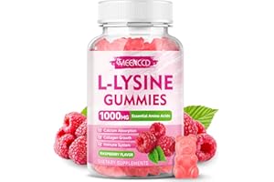 MEENCCD L-Lysine 1000mg Gummies, Lysine Supplement for Adults & Kids, Essential Amino Acid Supplement for Lips & Oral Health, Boost Immune & Collagen & Calcium, Sugar-Free, Raspberry Flavor, 60 Count