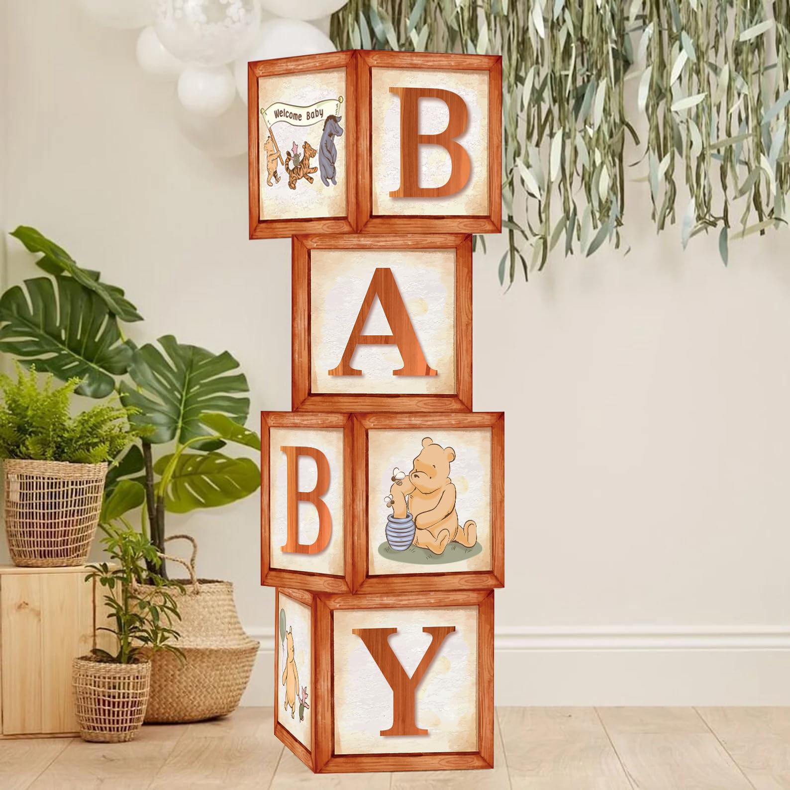Photo 1 of Sweet Baby Classic Winnie Pooh Baby Shower Decorations Boxes Vintage Theme Bear Wooden Party Decor Table Centerpieces Background Decoration Gender Neutral