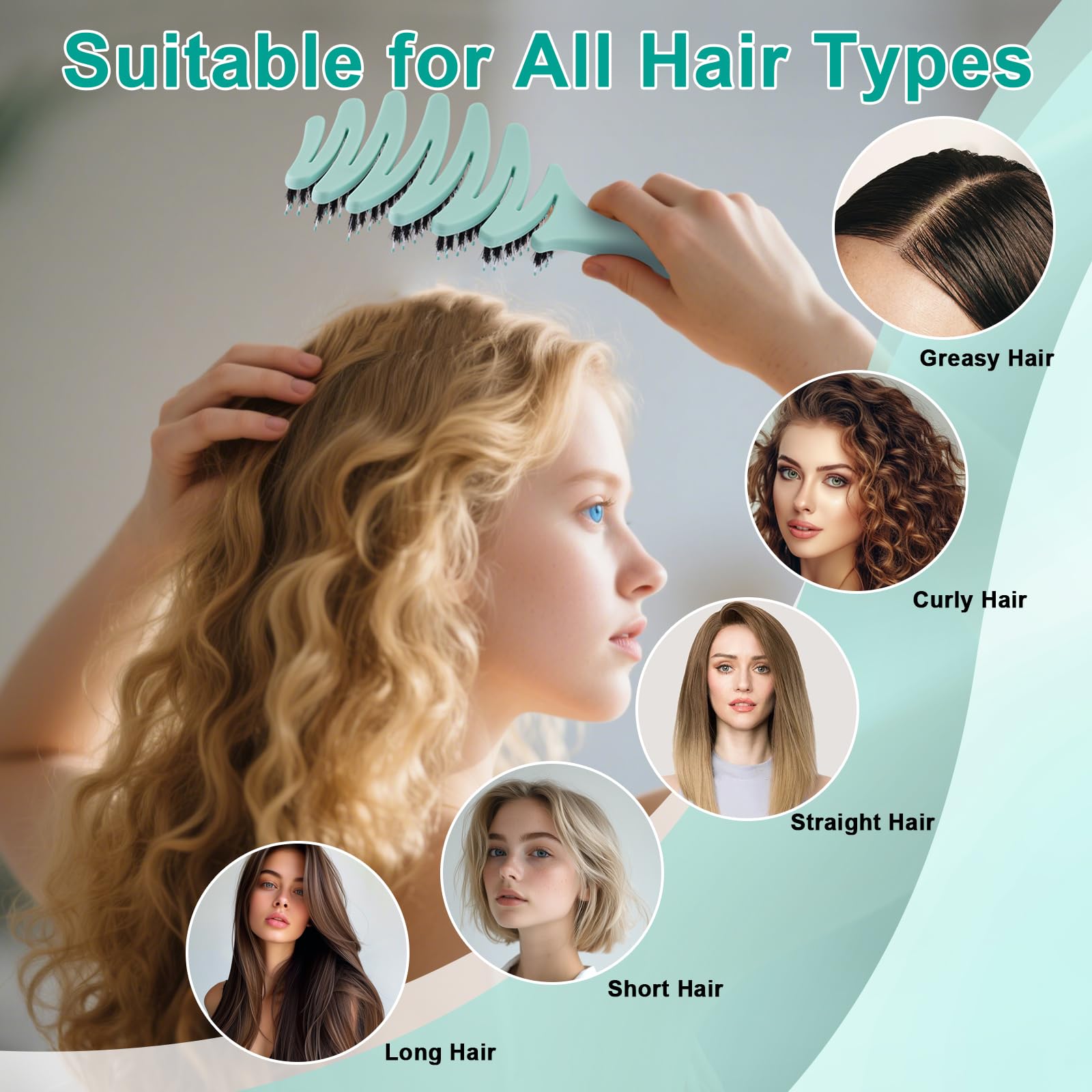 Lynnieëlle Enhanced Hair Brush - Tailored for Every Hair Type! Detangling with Durable Boar Bristles, Vented & Curved Paddle for Scalp Massage, Aqua