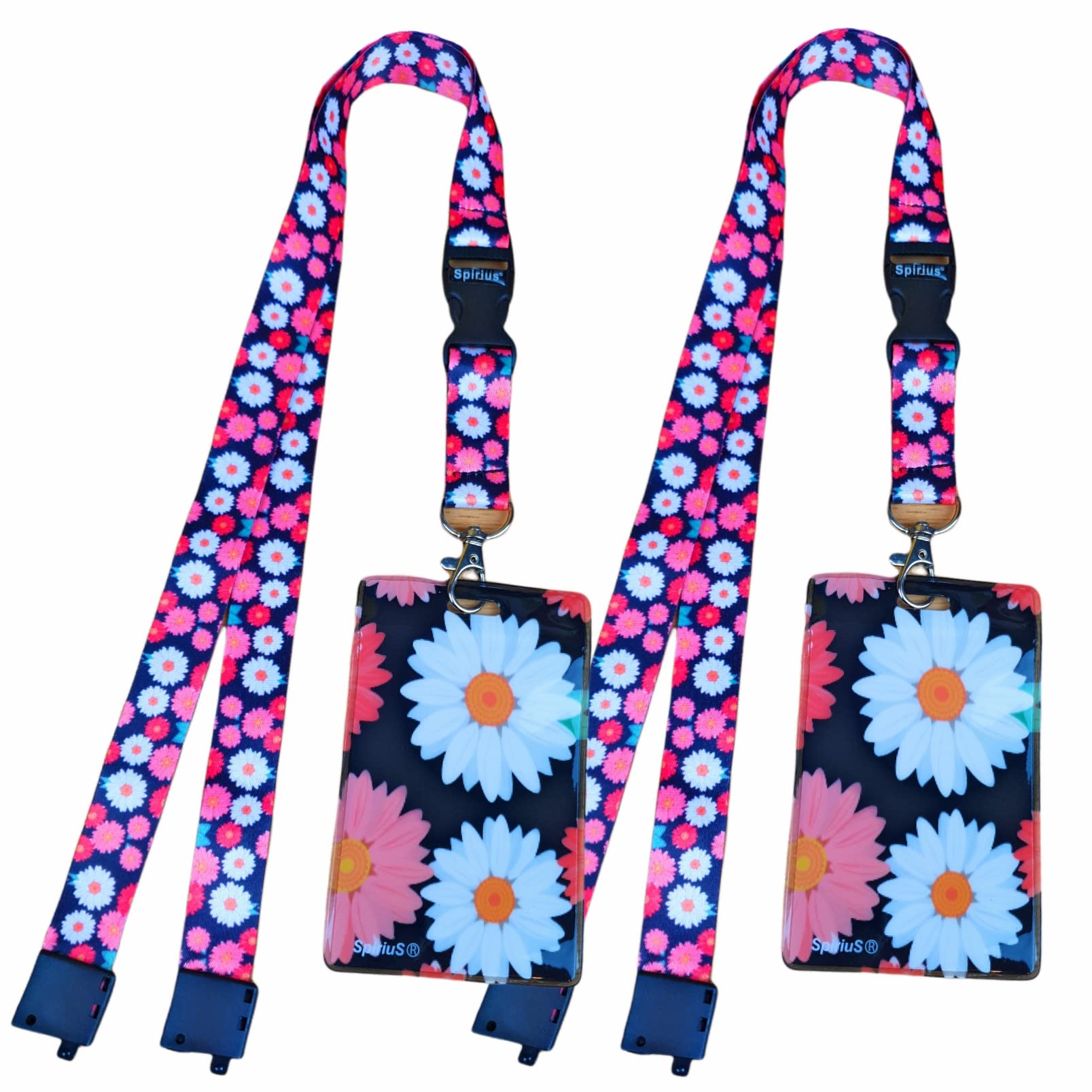 SpiriuS 2 Set Daisy Lanyard with Card Holder, Neck Strap Flowers Lanyard and Waterproof Transparent Badge Holder for ID Card Keys Tickets, Office School (2 x Multi Daisies Unique)