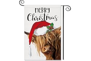 YPY Merry Christmas Cow Garden Flag: Highland Cow with Santa Hat Premium Burlap Yard Flag 12x18 Inch Double Sided - Red Holly Farmhouse House Outdoor Decor Xmas Seasonal Holiday Decoration
