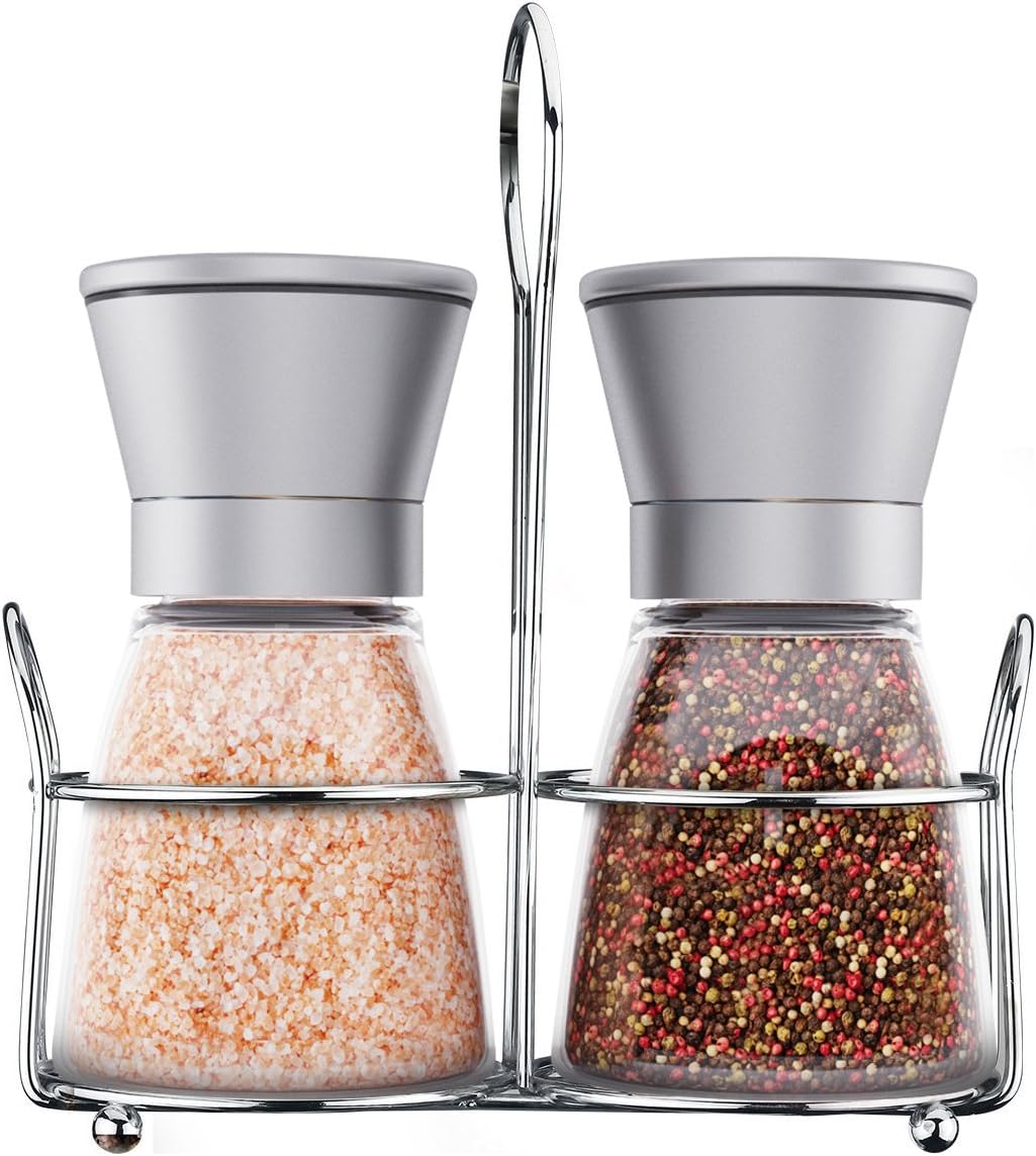Salt and Pepper Grinder Set With Matching Stand | Premium Stainless Steel Salt and Pepper Mill with Glass Body Also Suitable For Spices | Adjustable Grinder Coarseness | Brushed Stainless Steel Salt and Pepper Shakers - Set of 2