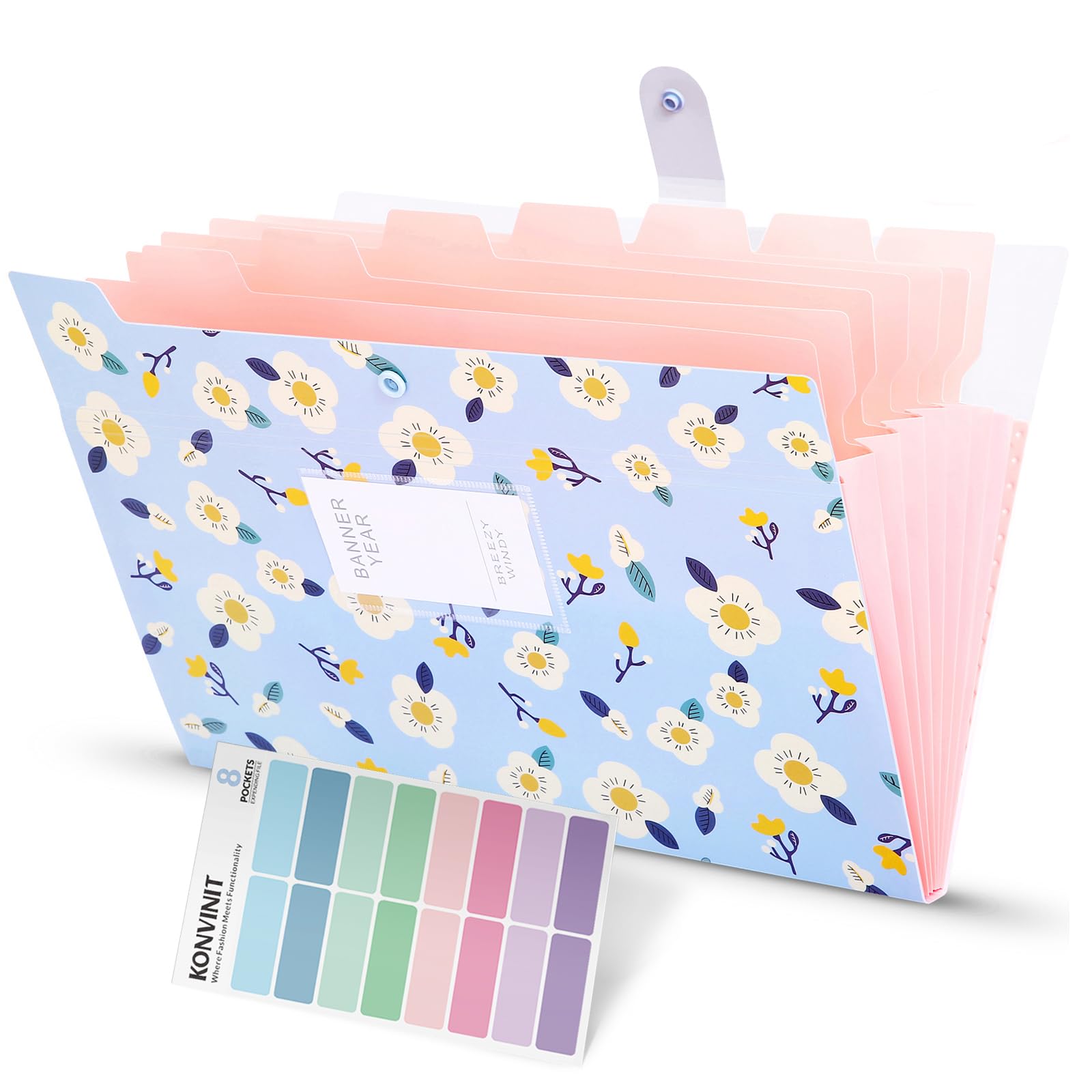 KONVINIT Expanding File Folder A4 Letter Size 8 Pockets Floral Printed Accordion Document Organizer with Snap Button,Blue Cover — image 1