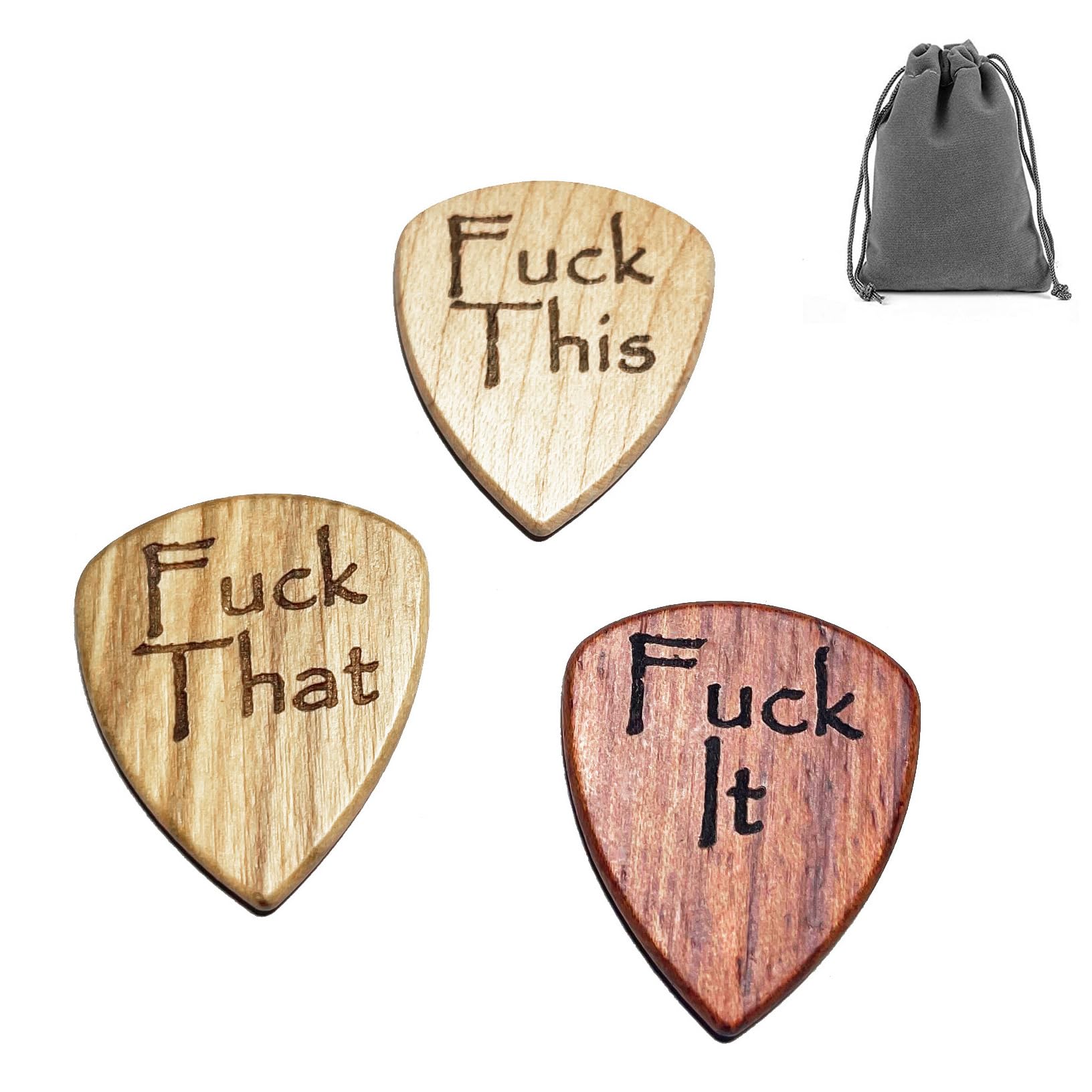 The Bag O' Fucks - Pack of 3 Guitar Plectrums - Fuck This, Fuck That, Fuck It - Maple, Olivewood and Rosewood