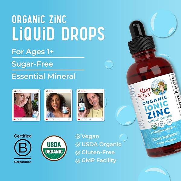 MARYRUTH ORGANICS ZINC SUPPLEMENTS FOR IMMUNE SUPPORT | IONIC ZINC FOR KIDS & ADULTS | LIQUID ZINC SUPPLEMENT | 40 DAY SUPPLY | SKIN CARE SUPPLEMENT | VEGAN | GLUTEN FREE | GLYCERIN BASED | 4 OZ
