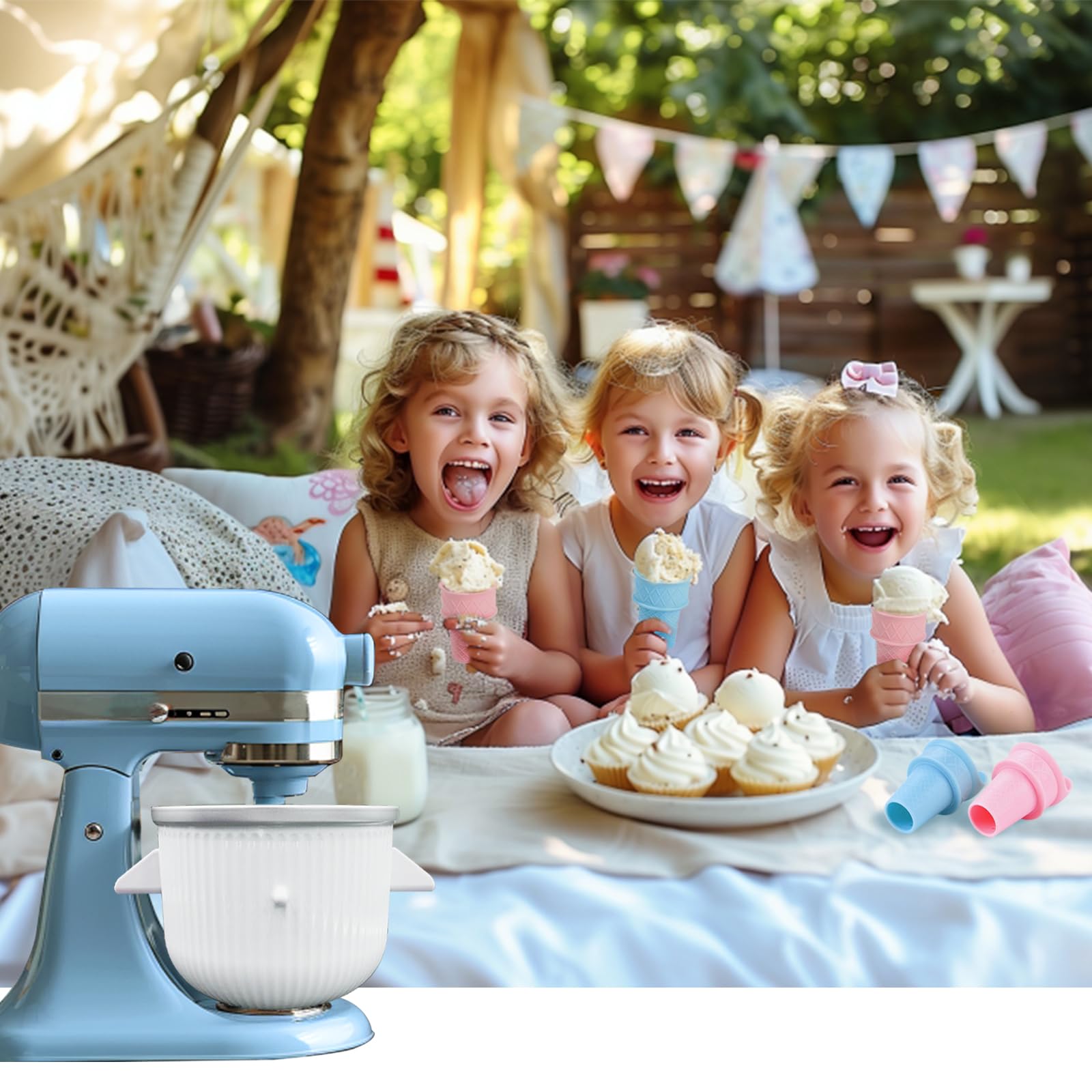 Ice Cream Maker Attachment for Kitchen Aid Stand Mixer, 2 Quart, Ice Cream & Sorbet Gelato Maker Machine, Fits 4.5Qt and Larger Stand Mixers, with 2 Ice Cream Holder