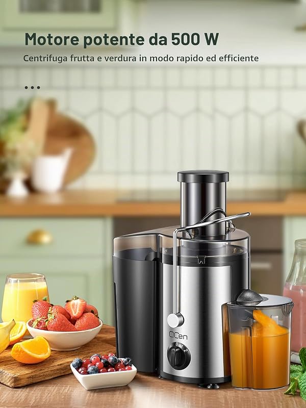 Spremiagrumi, centrifuga con vano di riempimento da 3 pollici, facile da pulire, in acciaio inox, senza BPA, ideale per frutta e verdura (Argento, 500W)