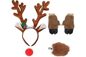 Ausejopeac Christmas Reindeer Deer Costume set,Halloween Reindeer Antlers Headbands and Deer Brown Front Hooves with Red Nose Fawn Tail for Dress Up Cosplay Party