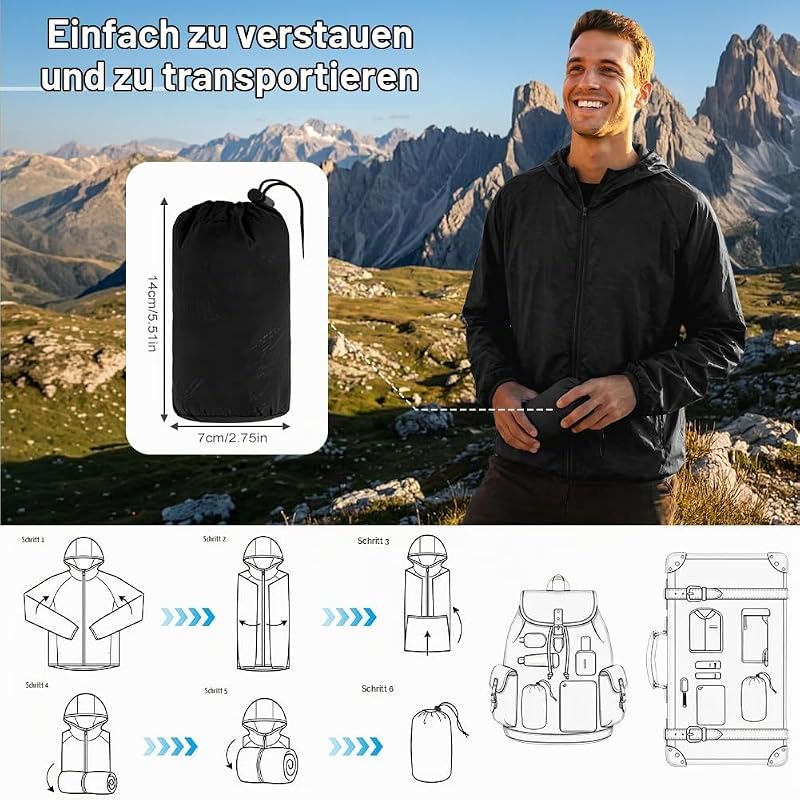 Regenjacke Faltbar Kapuze Wasserdichte, Sportjacke (Schwarz, M)