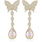 EVEVIC Austrian Crystal Teardrop Butterfly Dangle Stud Earrings for Women 14K Gold Plated Drop Earring Hypoallergenic Jewelry Gifts