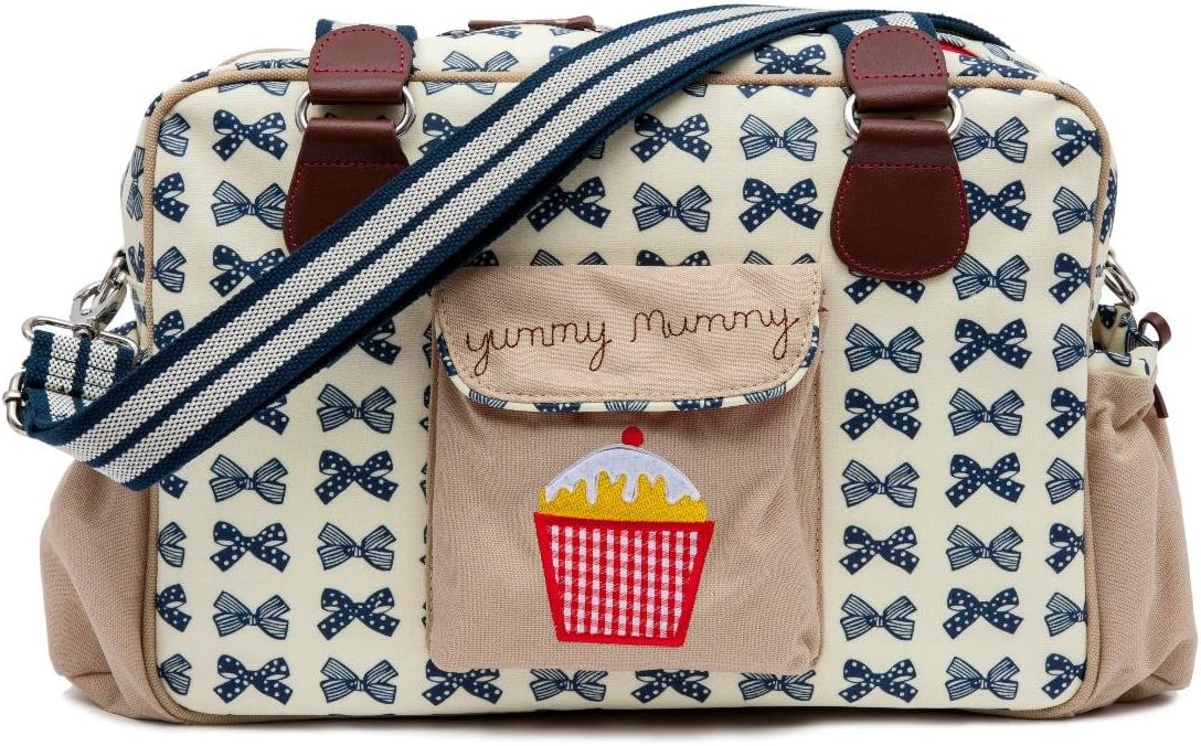 Yummy Mummy Stylish Nursery Changing Bag - Navy Bows - Includes Travel Changing Mat Cupcake Design