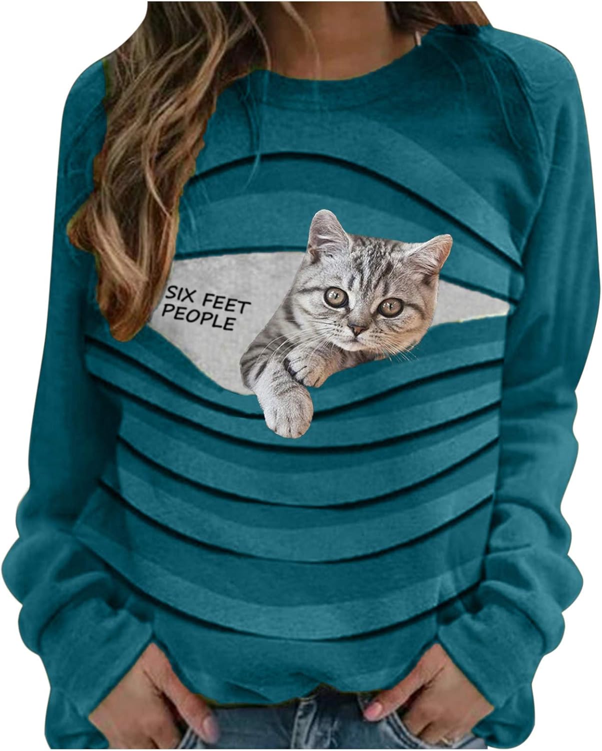 Womens Long Sleeve T Shirt Casual Pullover Top Blouse Cat Print