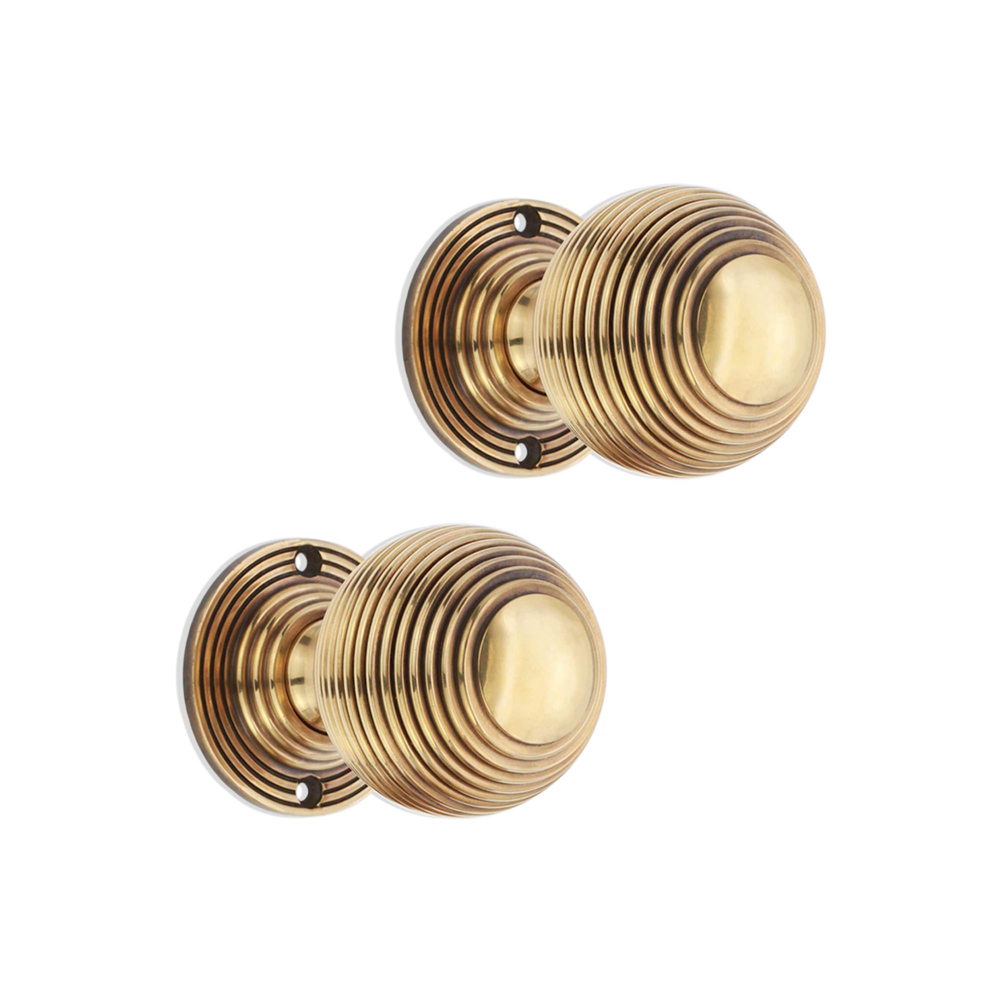 Infinity Decor Reeded Round Rim Mortice Solid Brass Door Knobs Pull Handles Set 60mm in Aged Brass Finish for Interior & Exterior Doors