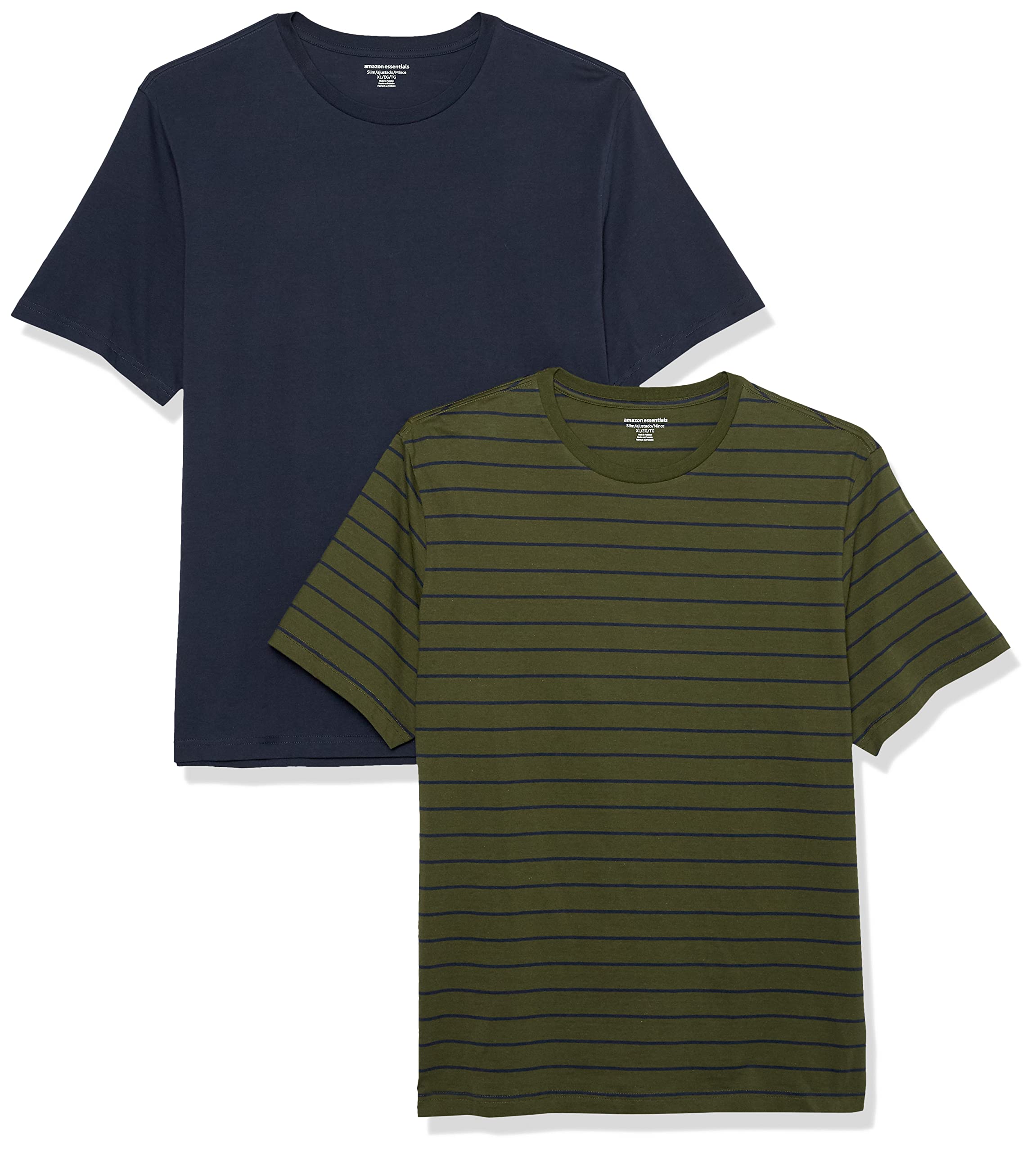 Photo 1 of Amazon Essentials Men's Short Sleeve T-Shirts, Slim-Fit, Crewneck, Pack of 2, Navy/Olive Stripe, Medium