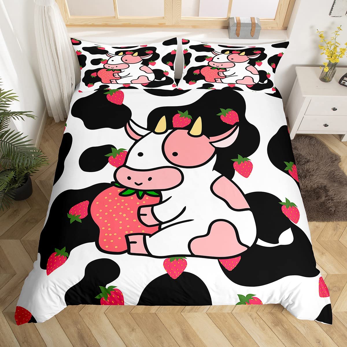Milkshakes Cow Comforter Cover Double Size, Pink Cute Cattle and Strawberry Fruit Print Duvet Cover Set with 2 Pillowcases, Milk Cow Skin Fur Pattern Kawaii Girly Style Bedding Set for Boys Teens