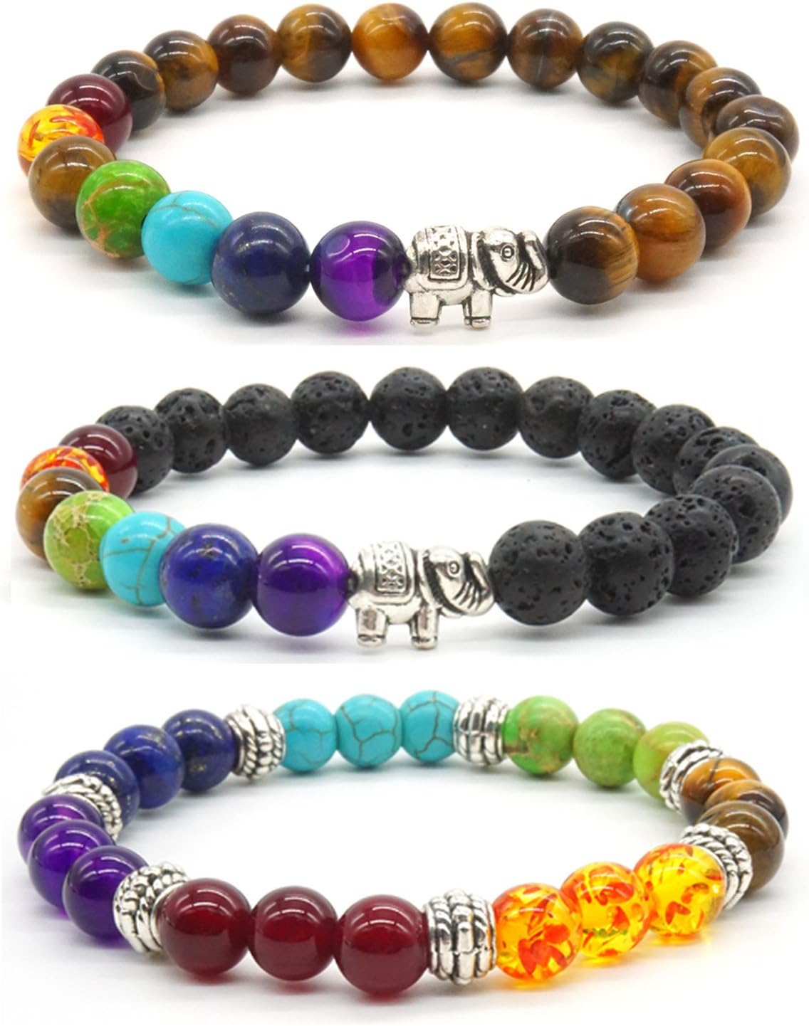 Jubling 3X Lucky Elephant Bracelet Partner Bracelet Colored Agate Stone Friendship Bracelet Set