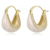 LMQLMK Chunky Hoop Earrings for Women 14K Gold Plated, Oval Cubic Zirconia Bezel Earrings, Lightweight Hypoallergenic Everyday Fashion Jewelry
