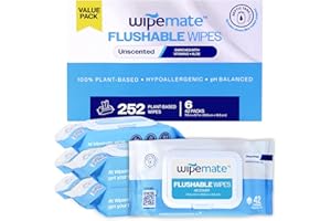 Wipemate Ultra Flushable Butt Wipes, Soothing Vitamin E & Aloe, 99% Water, Unscented Premium Super Soft Hygiene Wipes, Septic & Sewer Safe, 6 Premium Flip-Top Packs, 42 Wipes Per Pack (252) Count