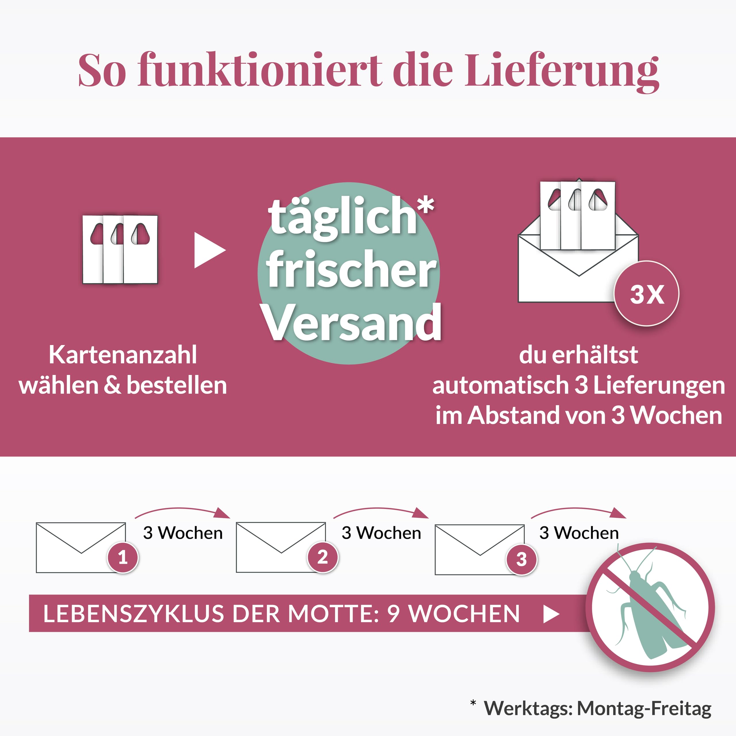 Hey Nature Schlupfwespen gegen Lebensmittelmotten - 9 Karten (3 Karten à 3 Lieferungen) - Effektiv Lebensmittel Motten bekämpfen - Alternative zu Lebensmittelmotten Falle, Mottenkugeln & Mottenspray 6