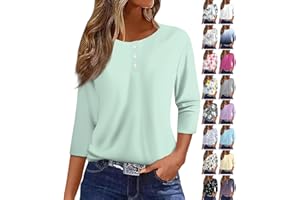 NUMALLER 3/4 Sleeve Tops for Women Fall Henley Crew Neck T Shirts Button Three Quarter Length Blouses Dressy Cute Shirts