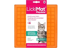 LickiMat Classic Playdate, Cat Slow Feeder Lick Mat, Boredom Anxiety Reducer; Perfect for Food, Treats, Yogurt, or Peanut Butter. Fun Alternative to a Slow Feed Cat Bowl or Dish, Orange