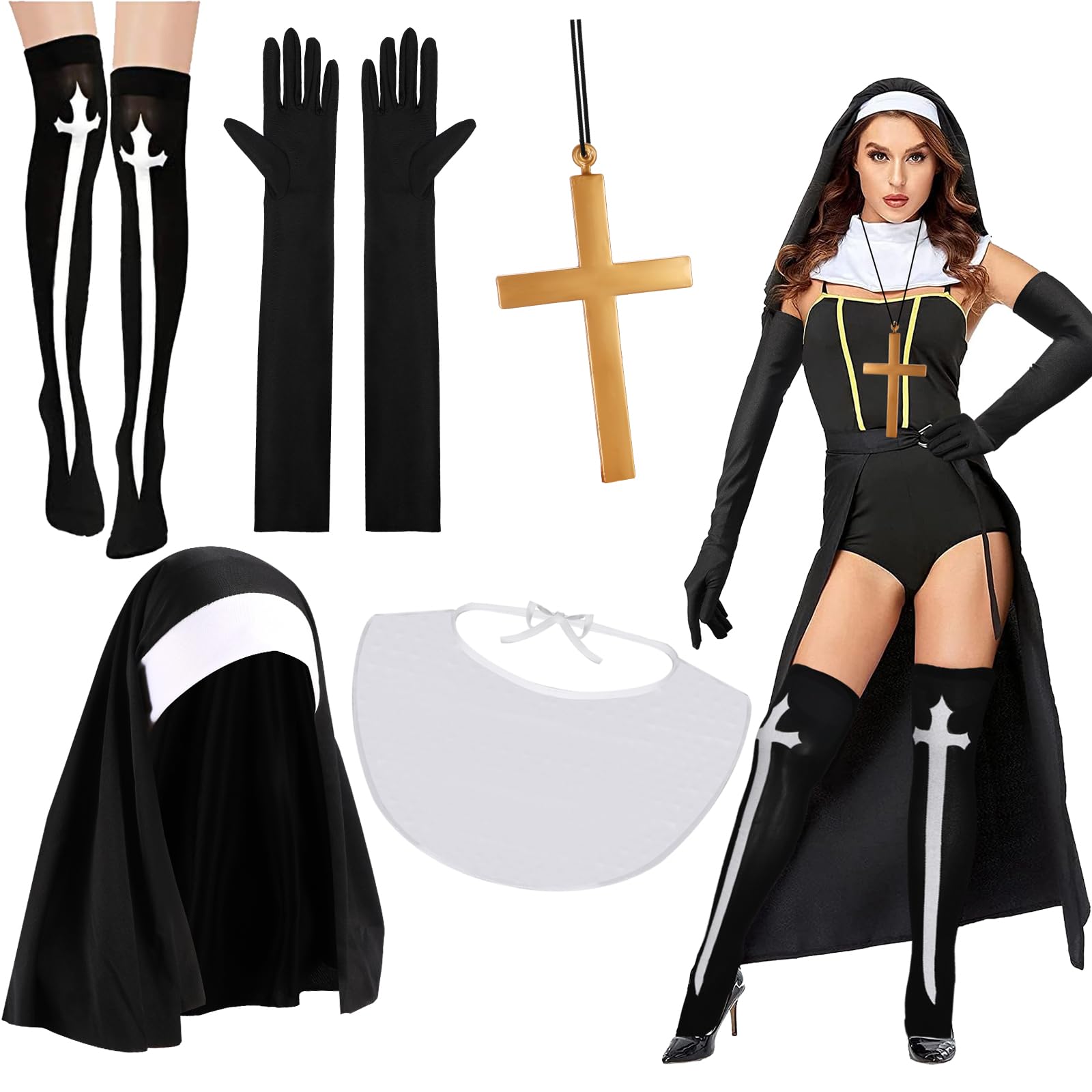 Photo 1 of ACCESSORIES ONLY XEPST 5PCS Nun Costumes For Women - Nun Outfit Accessories Nun Headpiece Nun Collar Gloves Cross Pendant Necklace Knee Socks