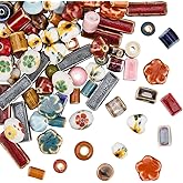 SUNNYCLUE 1 Box 100Pcs Porcelain Bead Painted Ceramic Beads Bulk Flower Floral Printed Column Tube Flat Rondelle Charms Loose Spacers for Jewelry Making Earrings Bracelets Necklaces DIY Crafts Decor