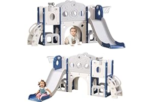 GITAWUSA 8 in 1 Toddler Slide, Outdoor Indoor Playset for Kids Baby Age 1 2 3, Childs Climber Slide with Storage Space and Non-Slip Steps, Basketball Hoopa and Telescope, Blue & White