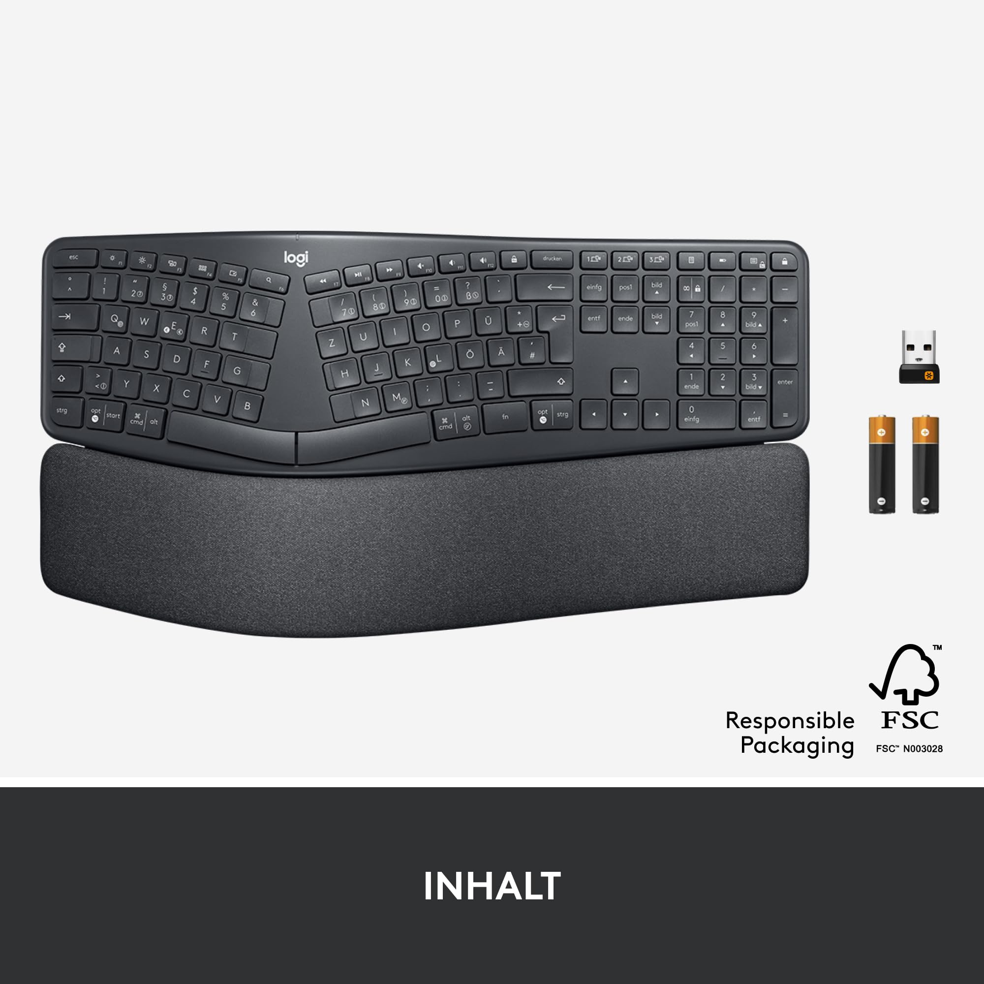 Logitech ERGO K860 - Wireless ergonomic keyboard with split buttons, wristwear and support for natural tap - Windows / Mac, Bluetooth, USB receiver, QWERTZ layout graphite